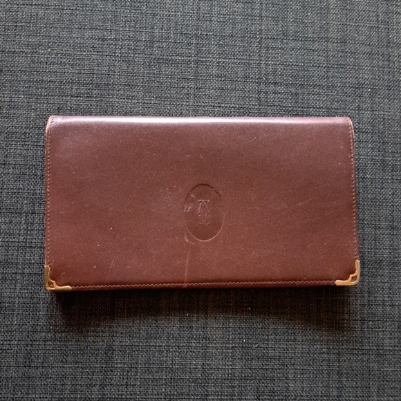 CARTIER Wallet Clutch Leather Red Burgundy  Kisslock Collection - Picture 1 of 4